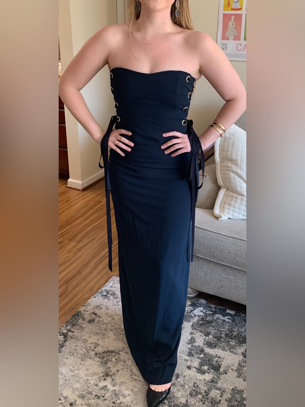 Badgley Mischka Strapless Navy Grommet Lace-Up Maxi Dress